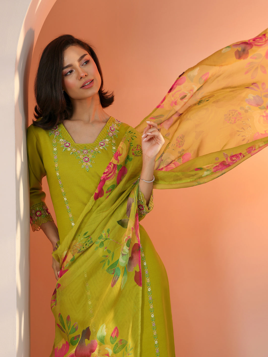 Mustard Embroidered Silk Blend Straight Suit Set With Dupatta