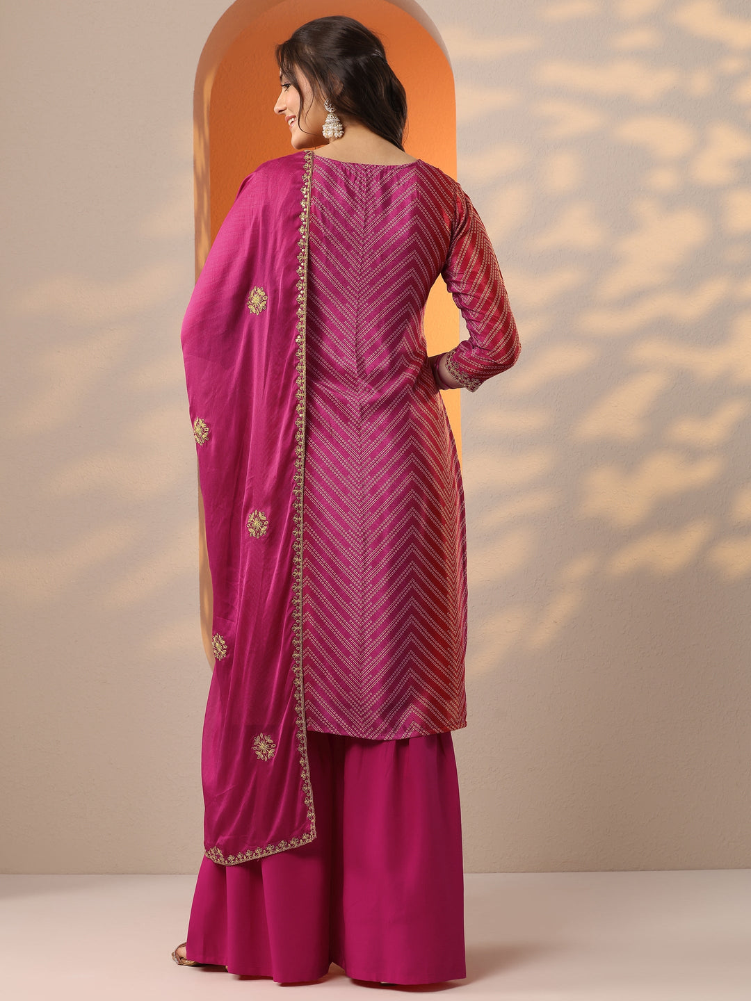 Pink Printed Chinon Straight Suit Set With Dupatta