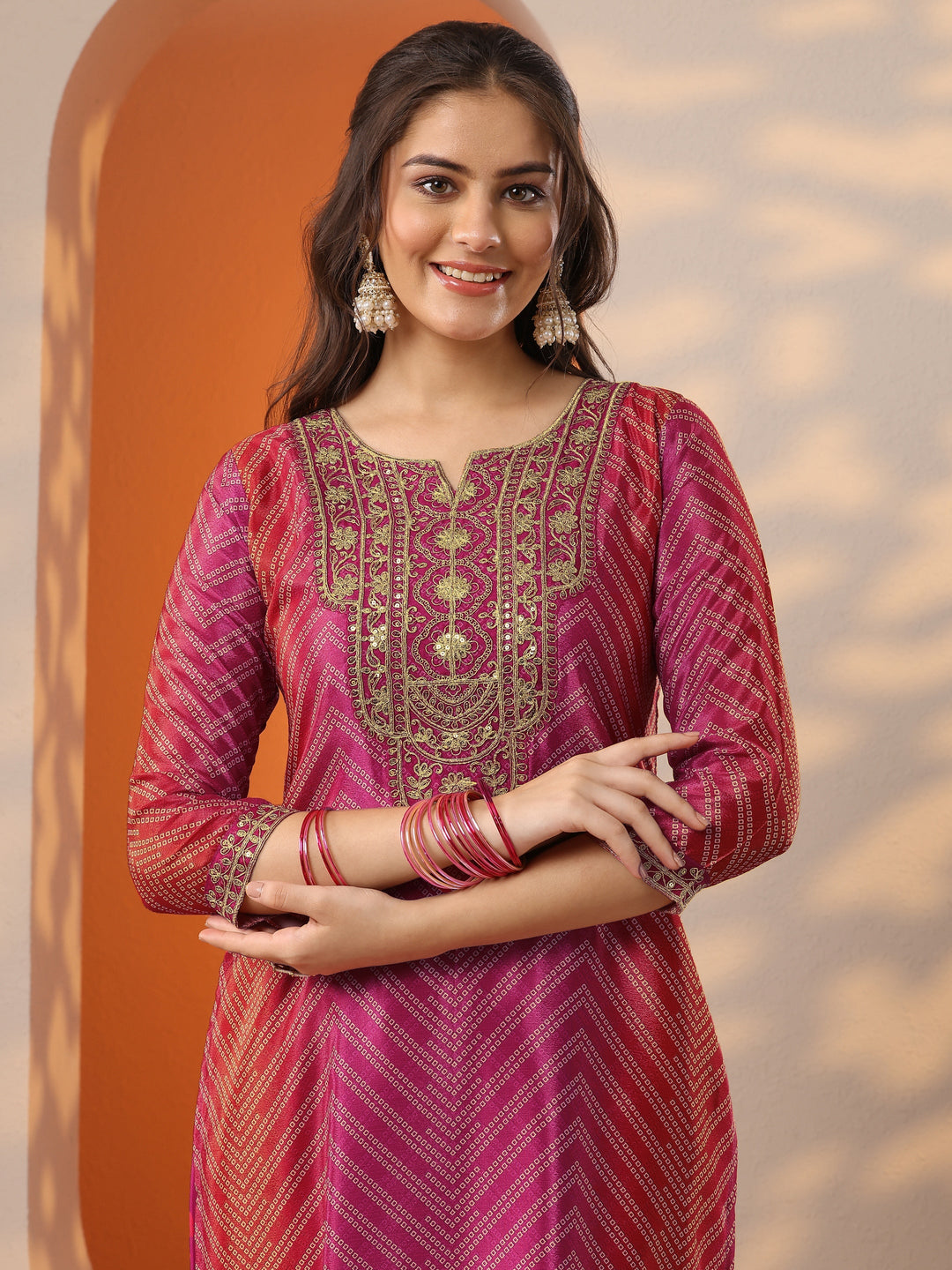 Pink Printed Chinon Straight Suit Set With Dupatta
