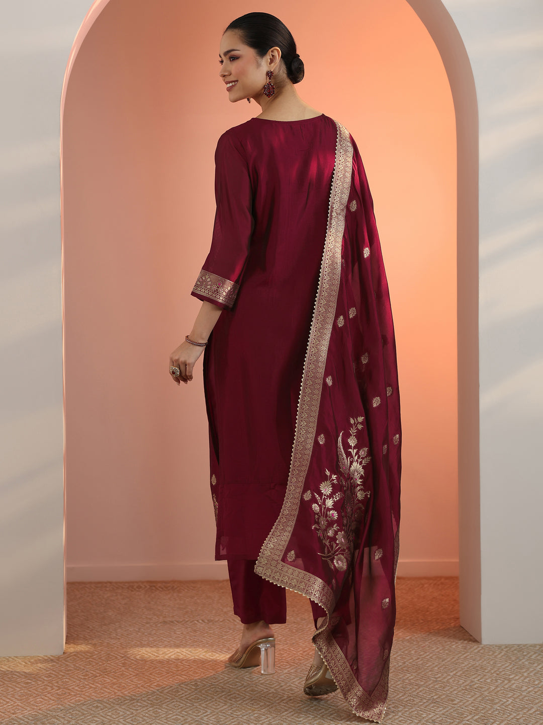 Maroon Woven Design Silk Blend Straight Suit Set With Dupatta