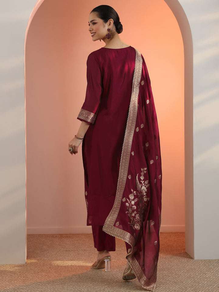 Maroon Woven Design Silk Blend Straight Suit Set With Dupatta
