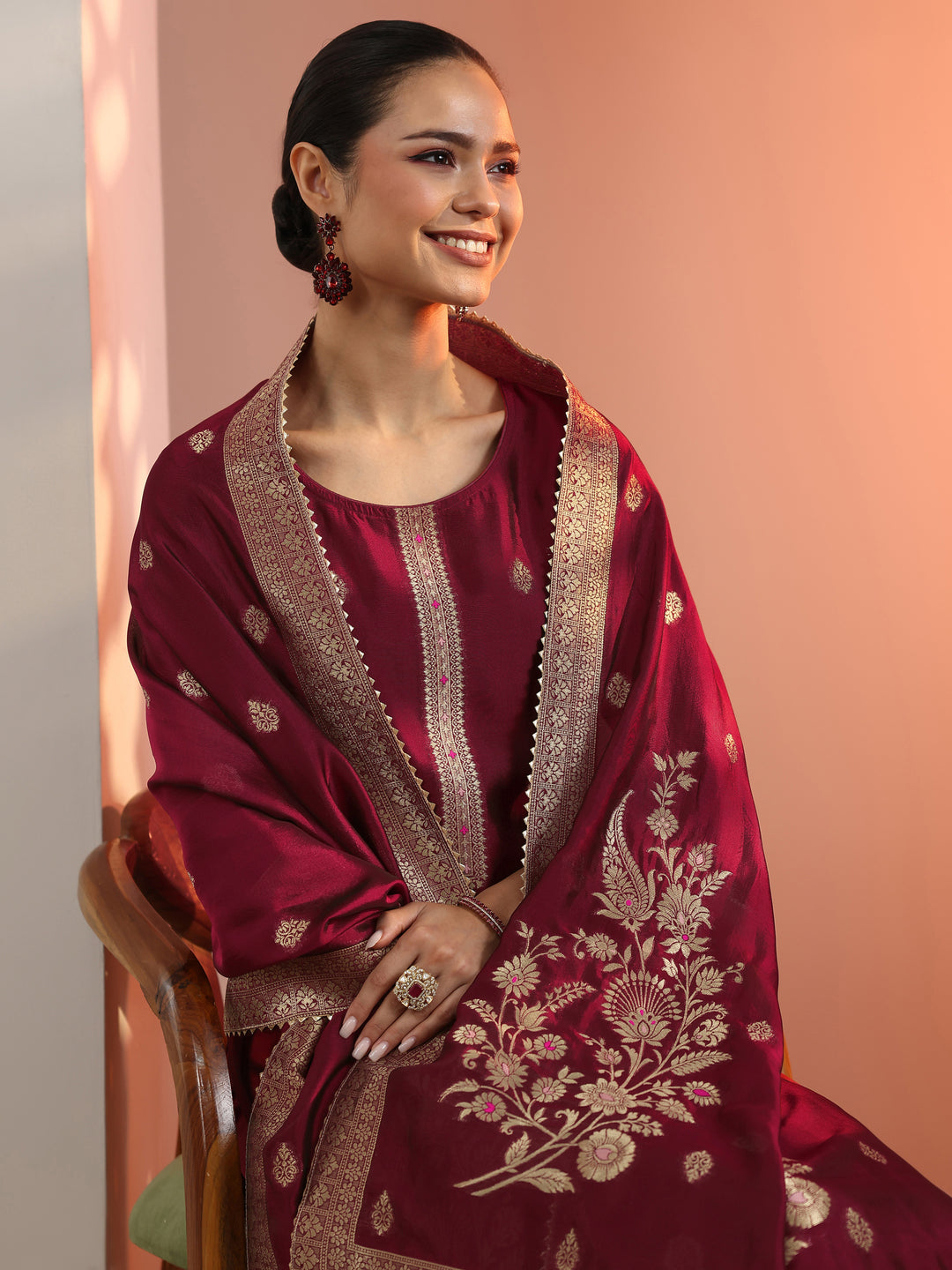 Maroon Woven Design Silk Blend Straight Suit Set With Dupatta