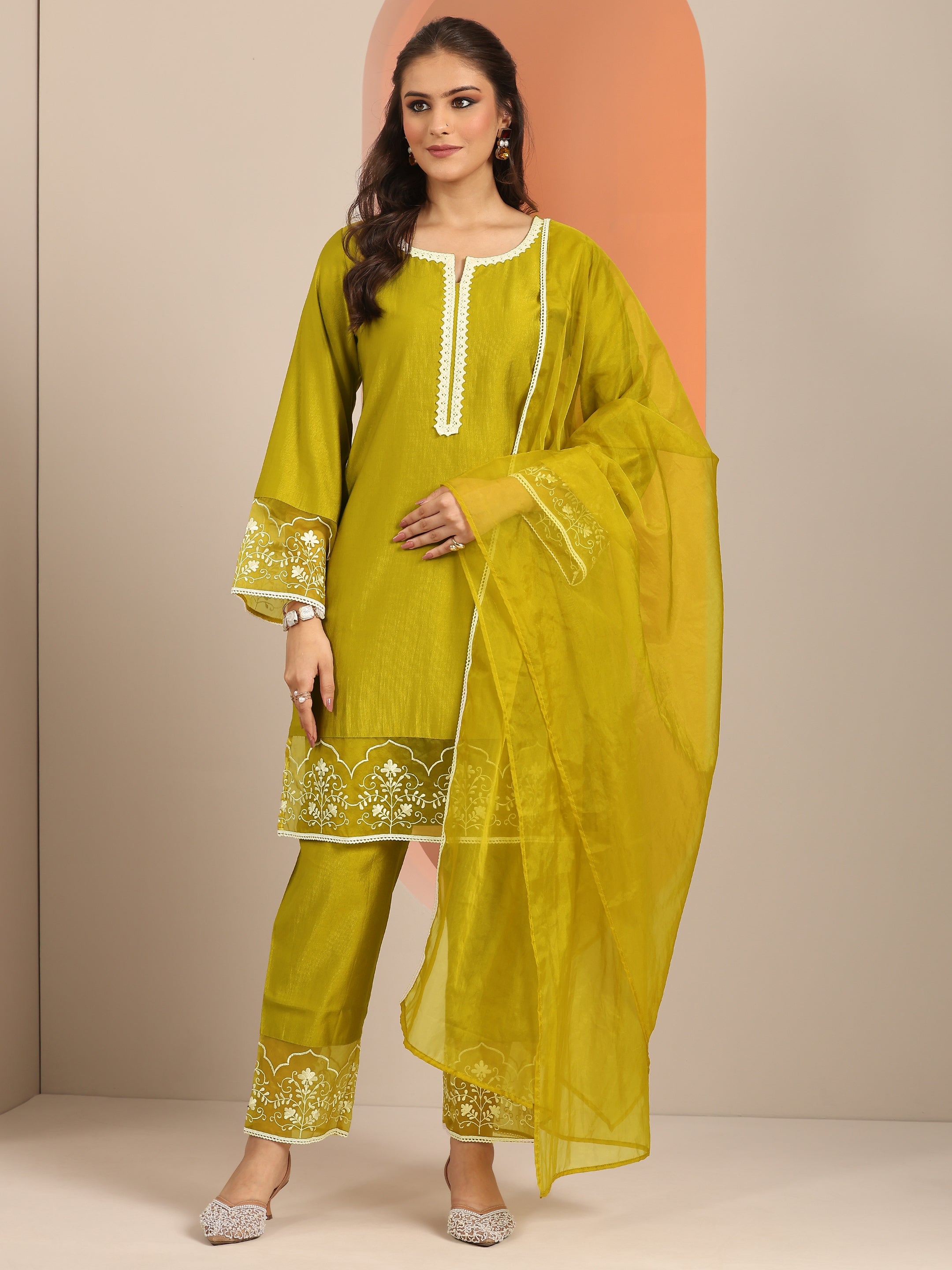 Orange Embellished Silk Blend Straight Suit Set With Dupatta