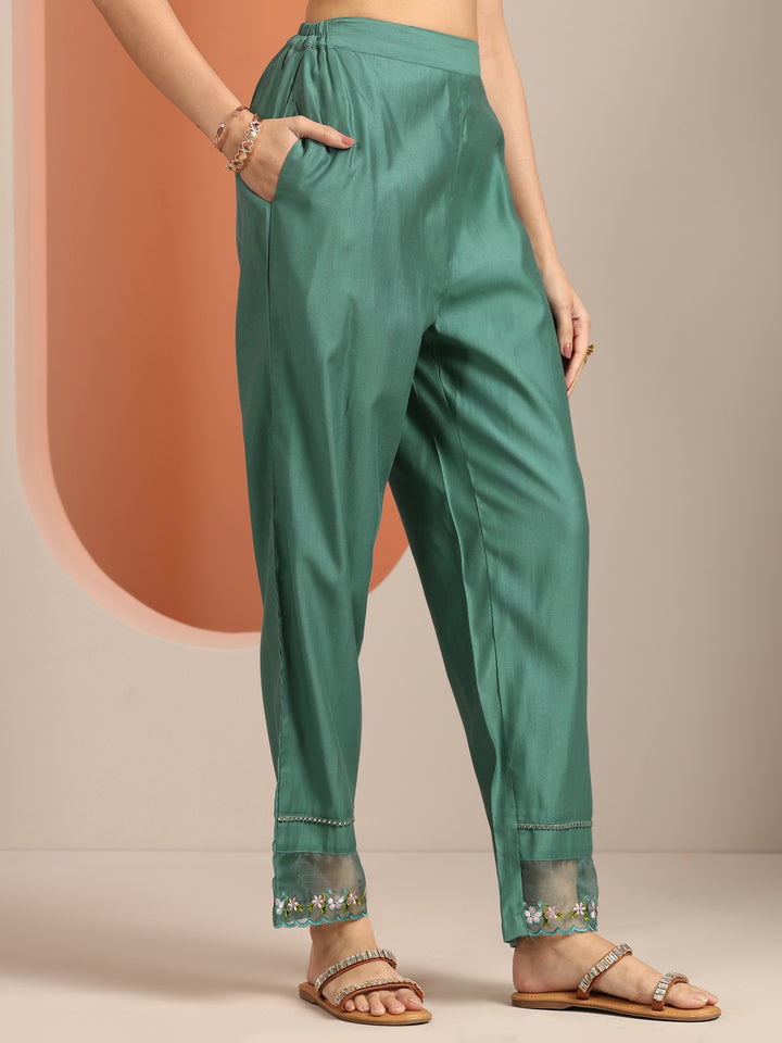 Green Embroidered Silk Blend Straight Suit Set With Dupatta