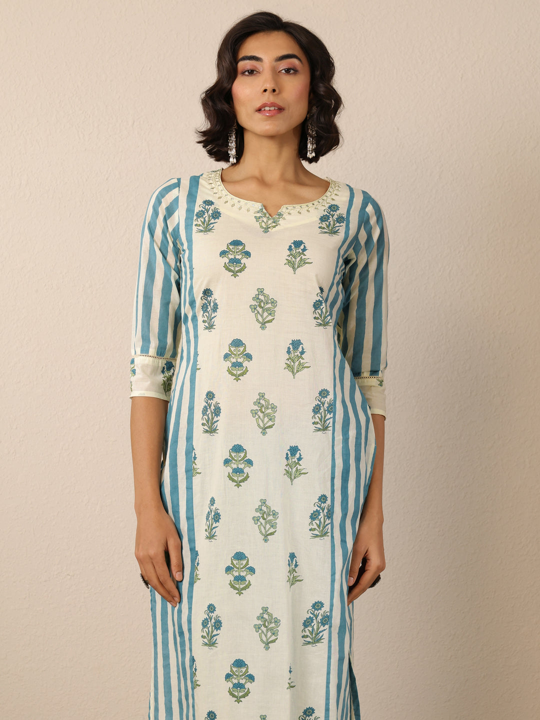 Off White Printed Cotton Straight Suit Set With Dupatta