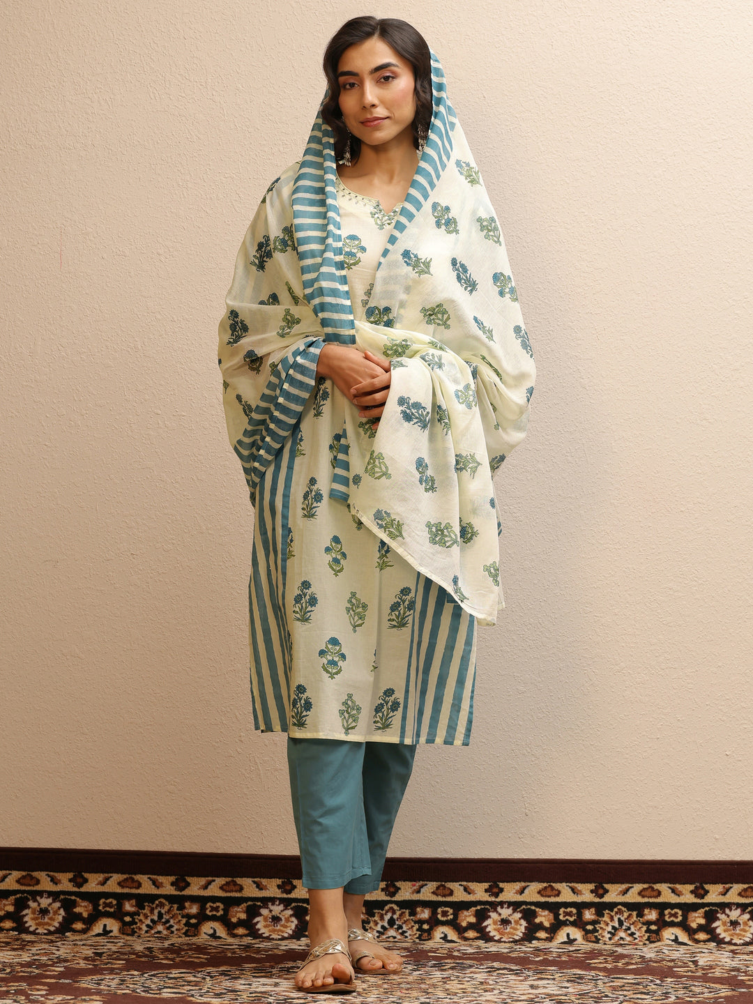 Off White Printed Cotton Straight Suit Set With Dupatta