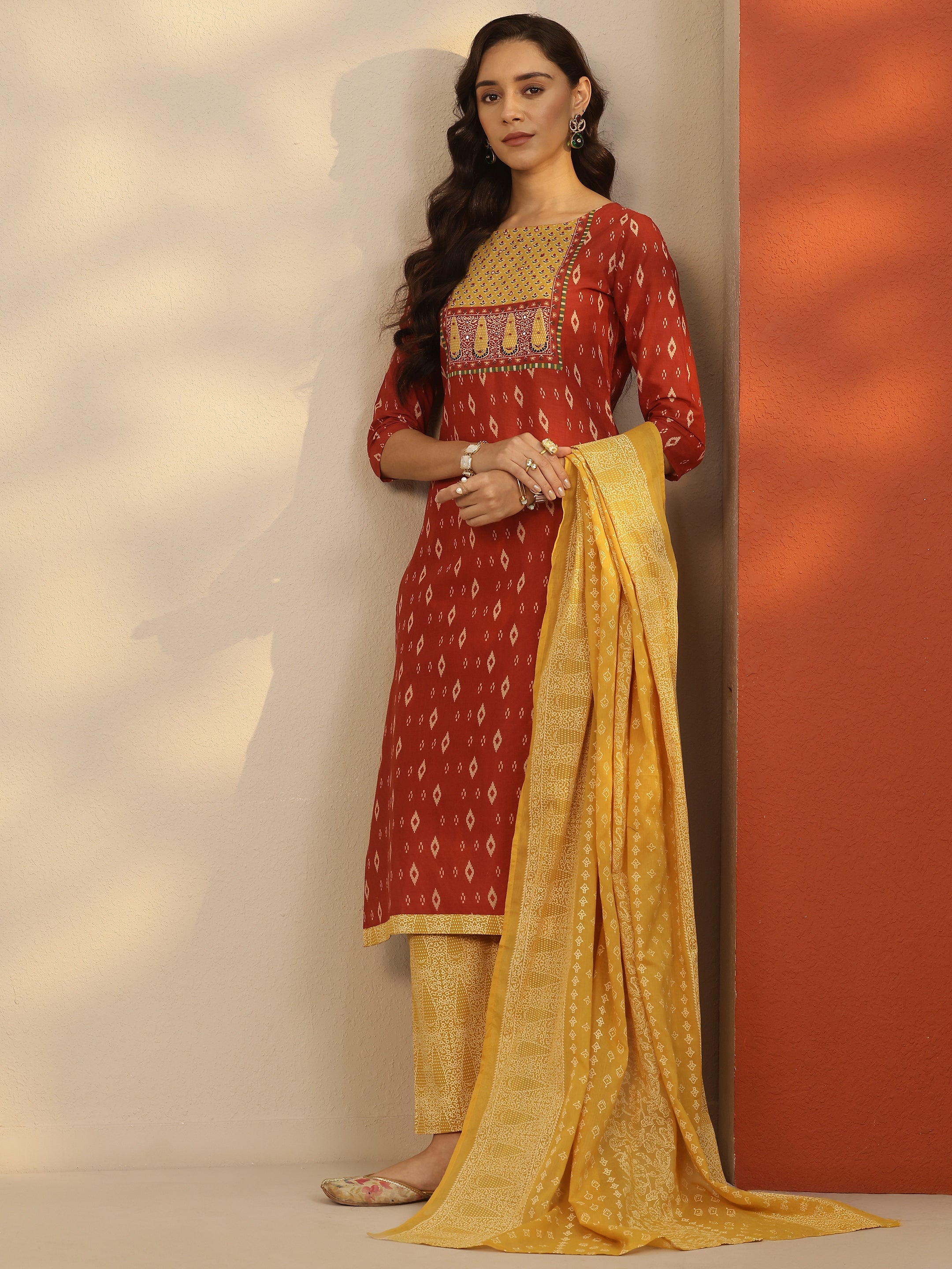 Burgundy Printed Cotton Straight Suit With Dupatta