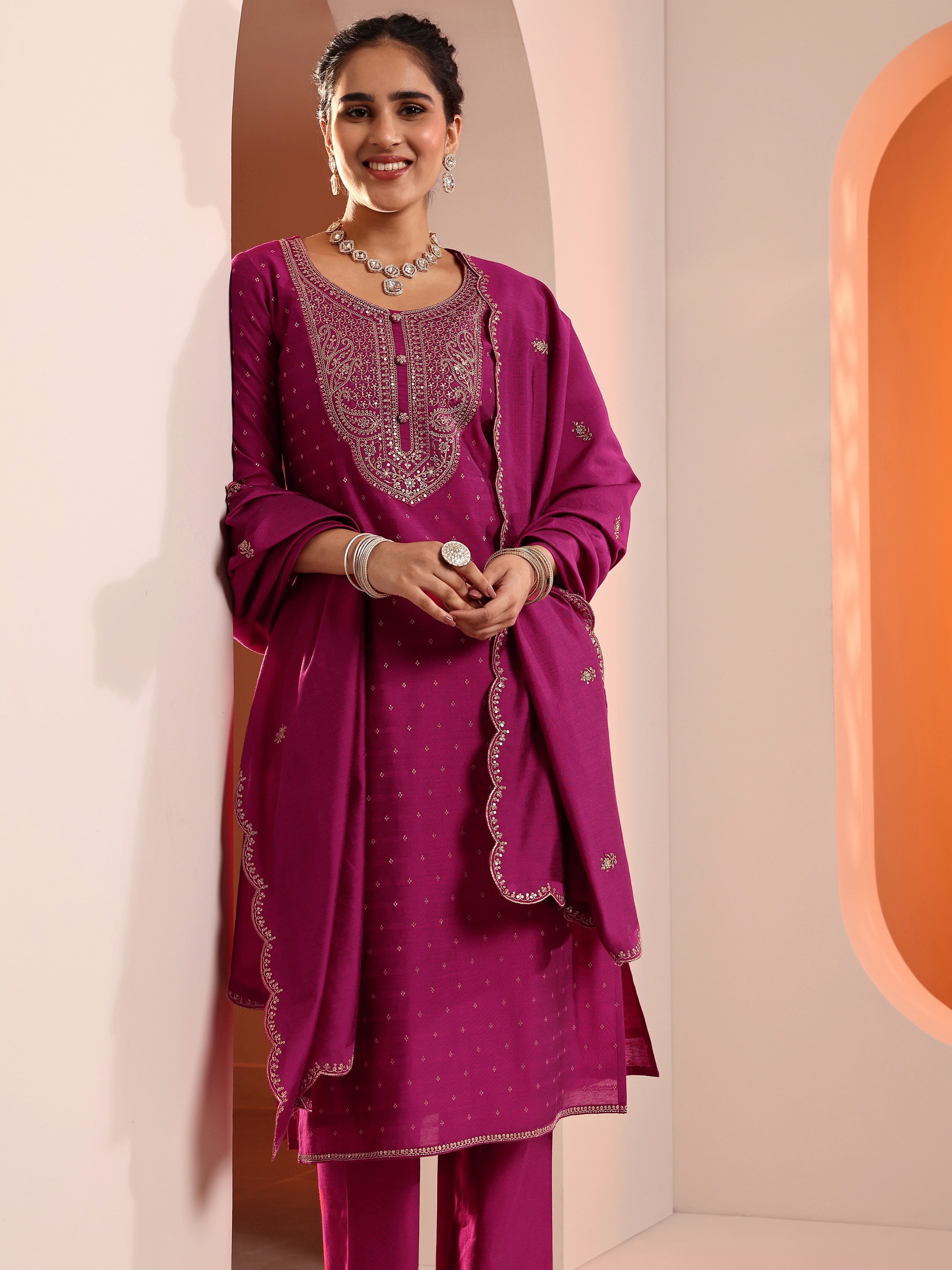 Plus Size Yellow Printed Silk Blend Straight Suit Set With Dupatta
