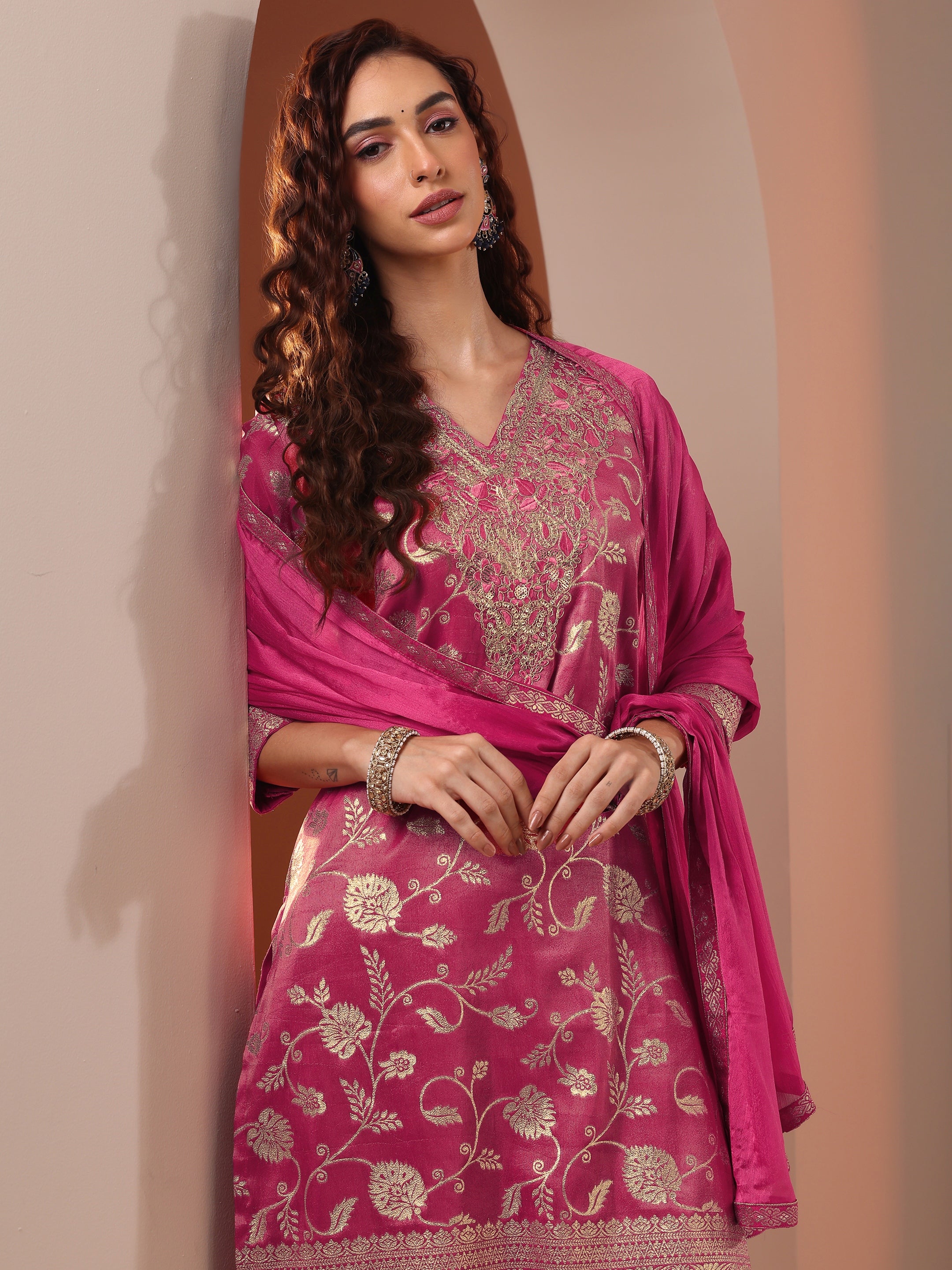 Pink Embroidered Silk Blend Straight Suit Set With Dupatta main image 0