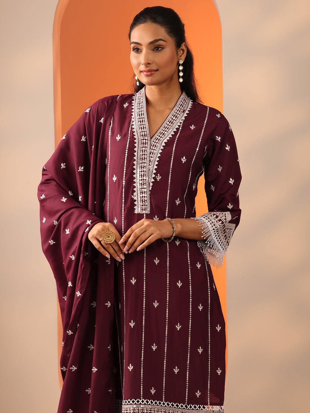 Maroon Embroidered Silk Blend Straight Suit Set With Dupatta