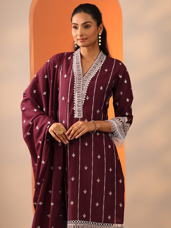 Maroon Embroidered Silk Blend Straight Suit Set With Dupatta