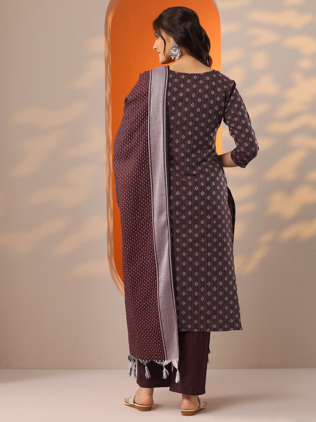 Maroon Woven Design Cotton Blend Straight Suit Set With Dupatta