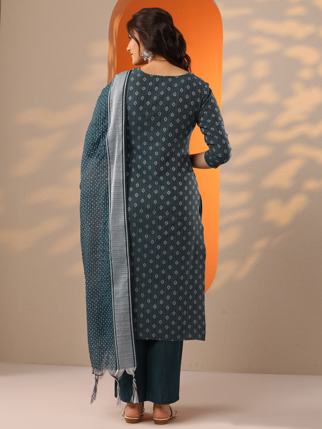 Teal Woven Design Cotton Blend Straight Suit Set With Dupatta