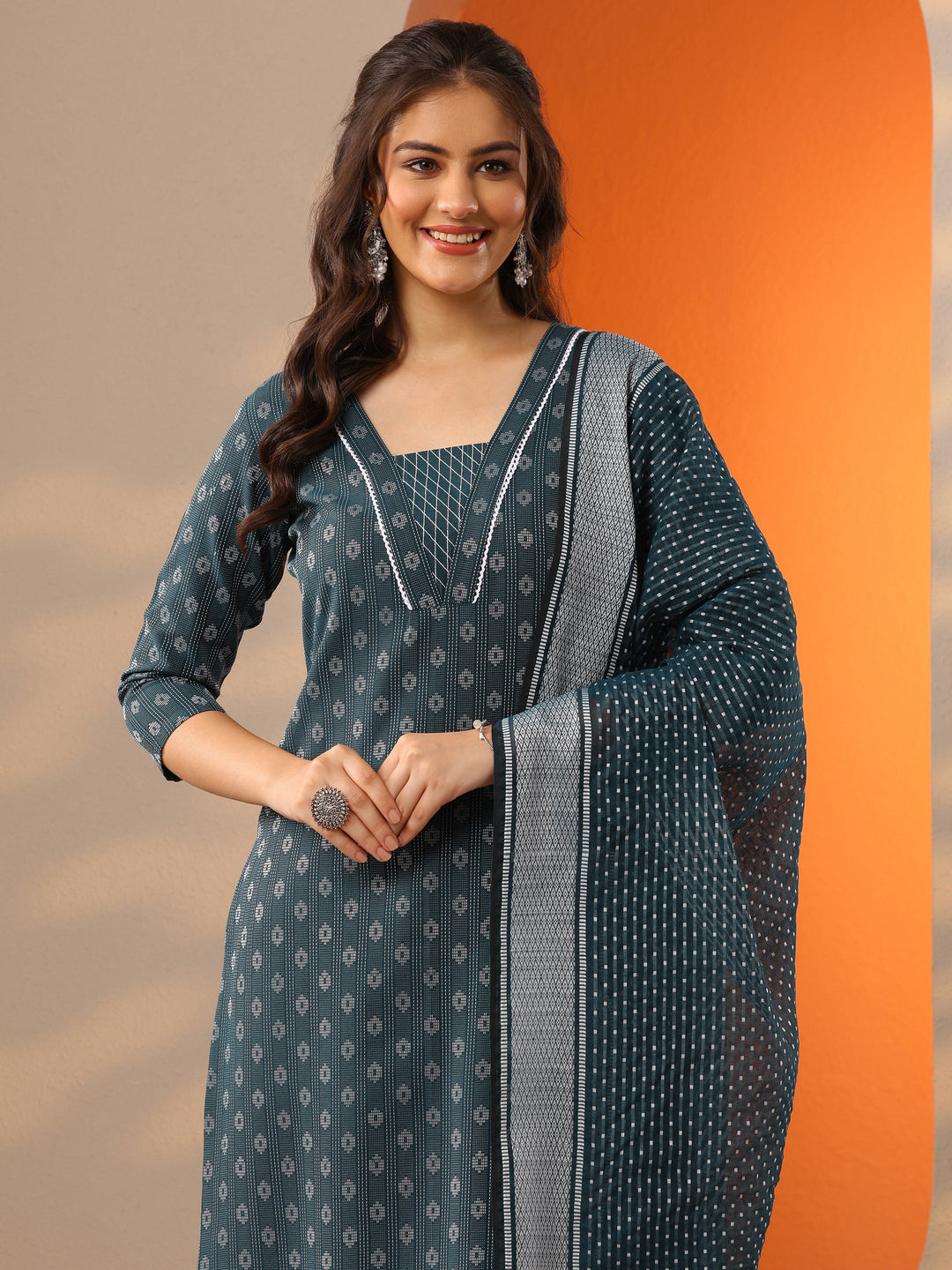 Teal Woven Design Cotton Blend Straight Suit Set With Dupatta