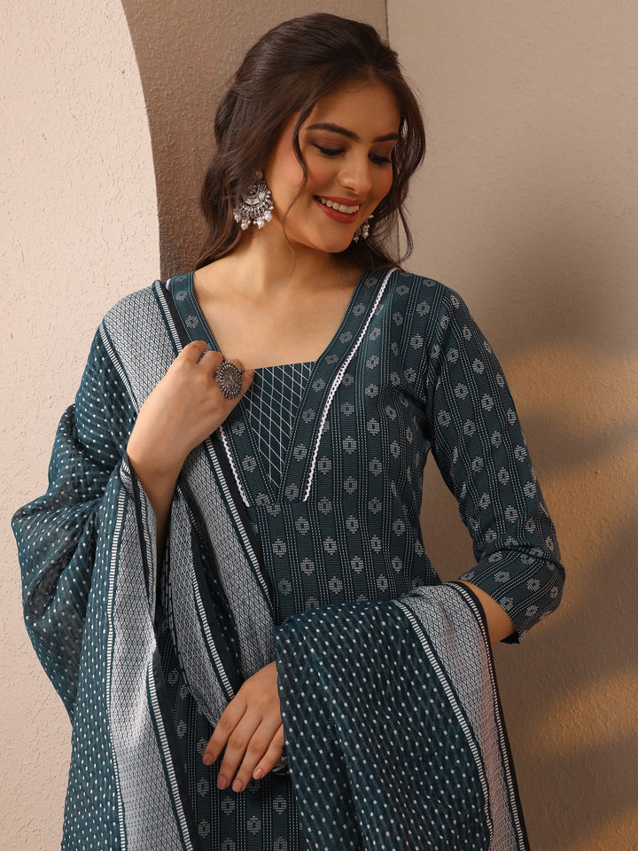 Teal Woven Design Cotton Blend Straight Suit Set With Dupatta