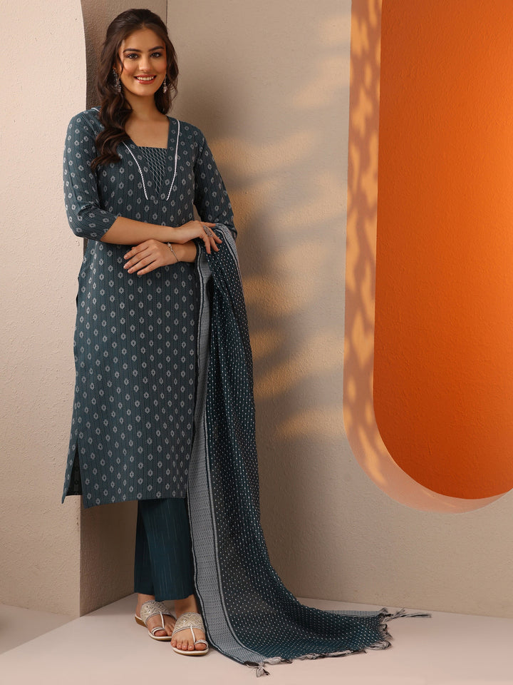 Teal Woven Design Cotton Blend Straight Suit Set With Dupatta