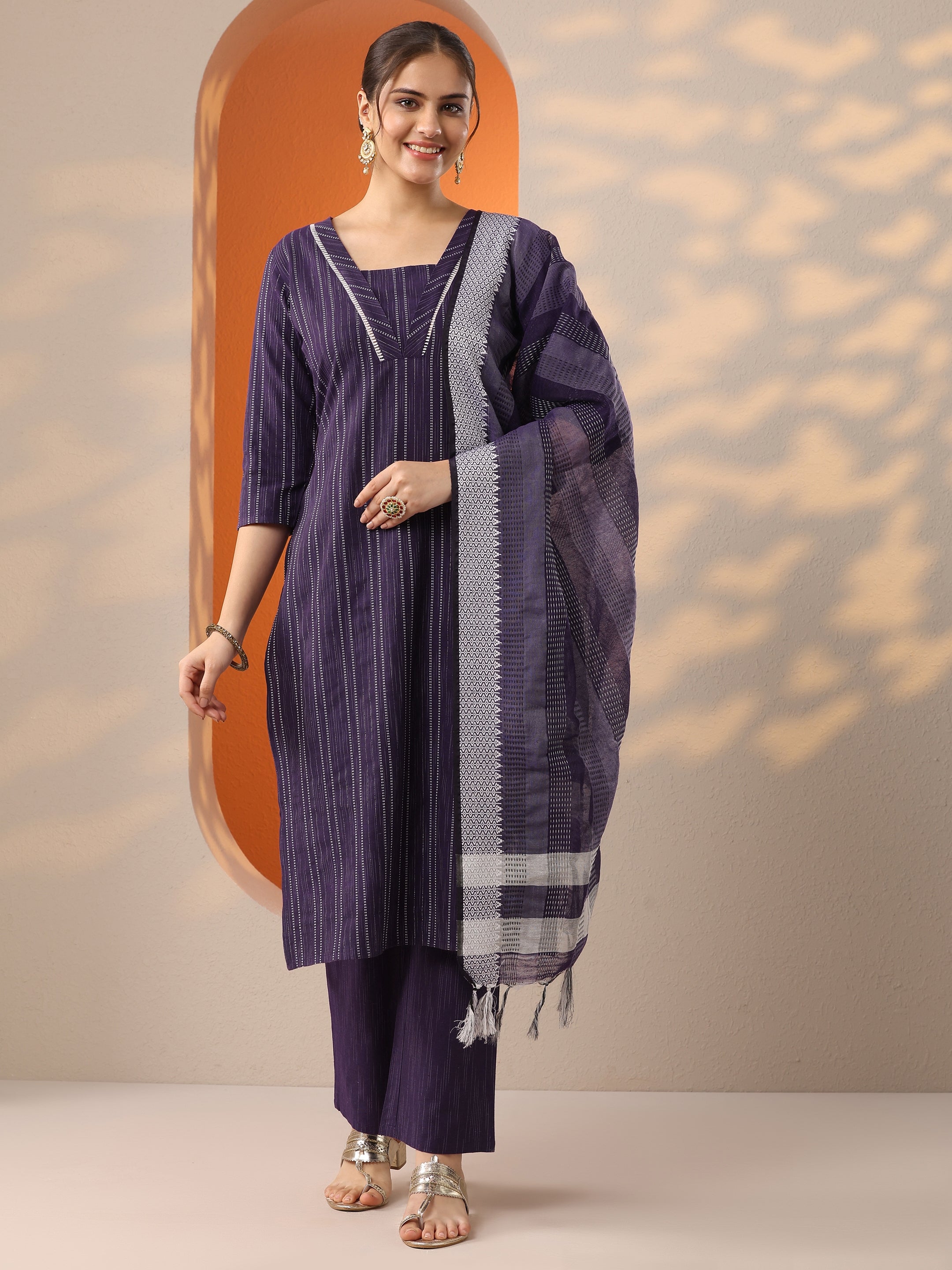 Lavender Woven Design Cotton Straight Suit With Dupatta