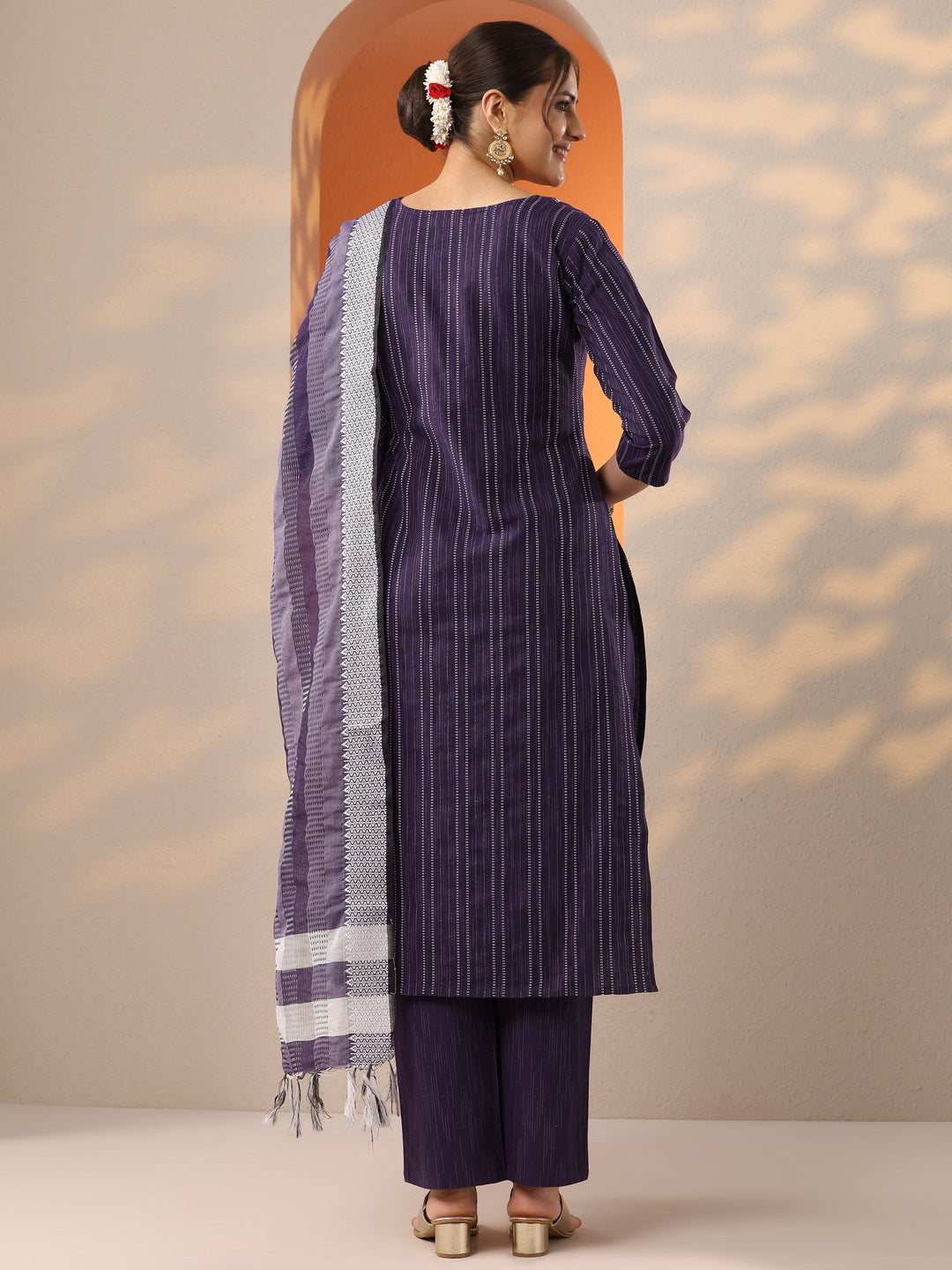 Burgundy Woven Design Cotton Blend Straight Suit Set With Dupatta