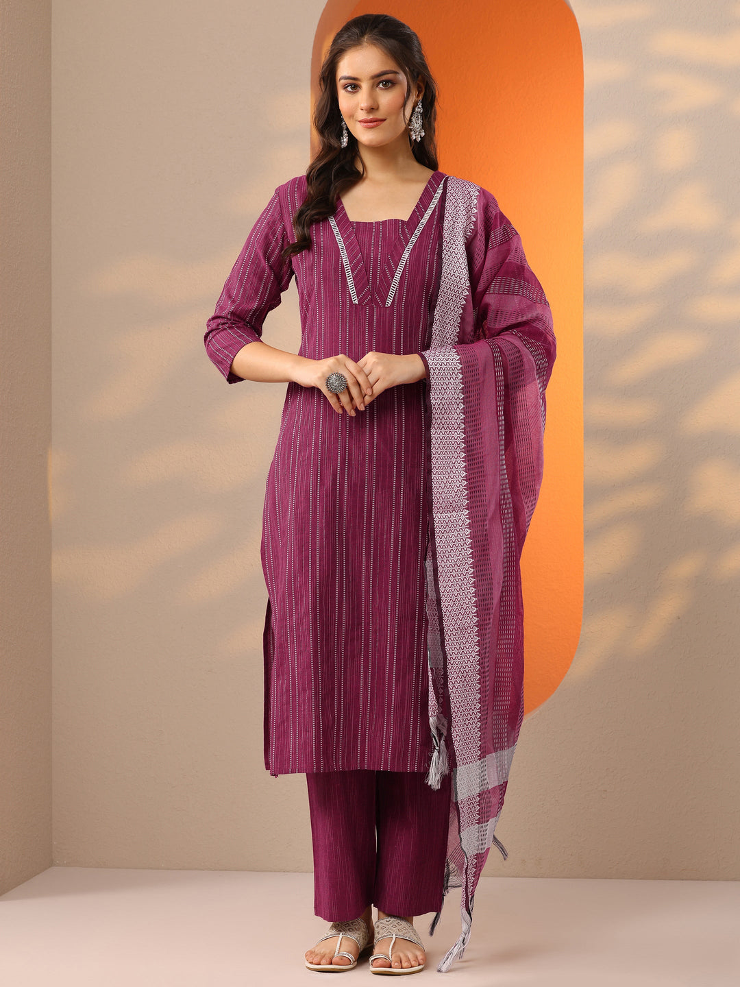 Pink Woven Design Cotton Blend Straight Suit Set With Dupatta