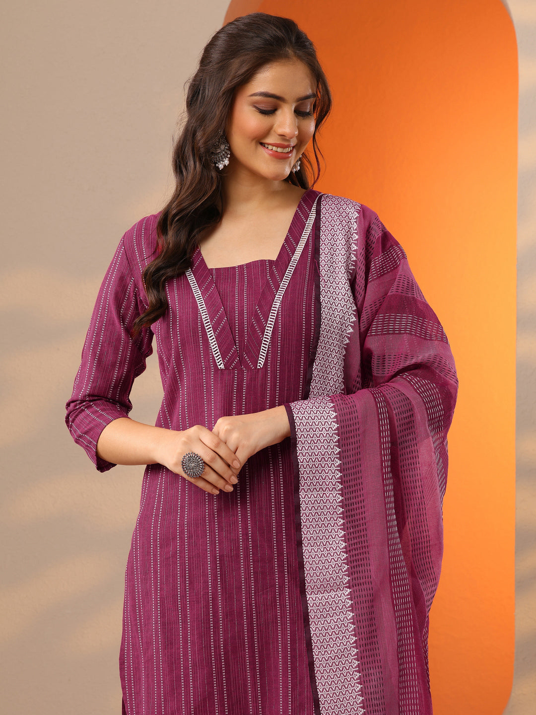 Pink Woven Design Cotton Blend Straight Suit Set With Dupatta