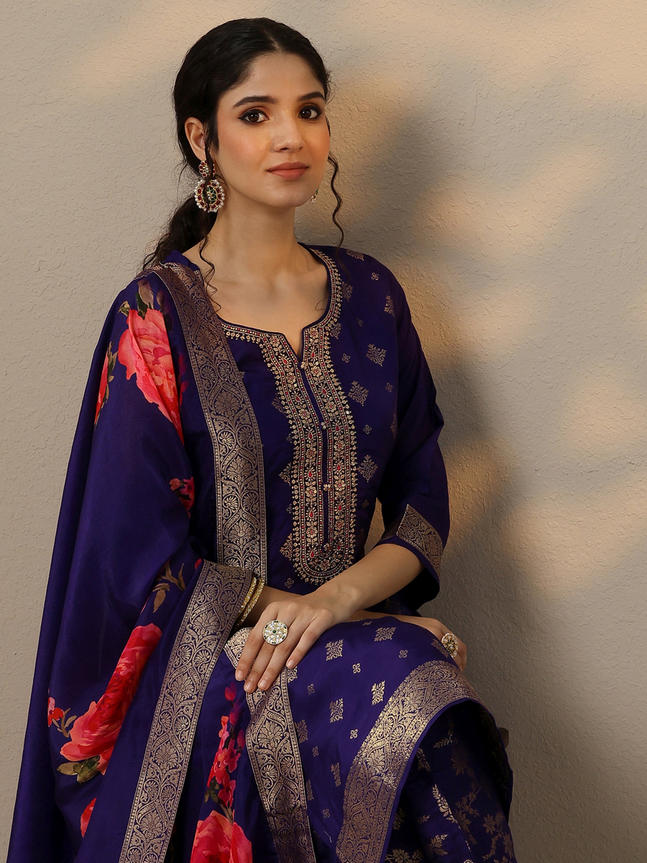 Yellow Self Design Silk Blend Straight Suit Set