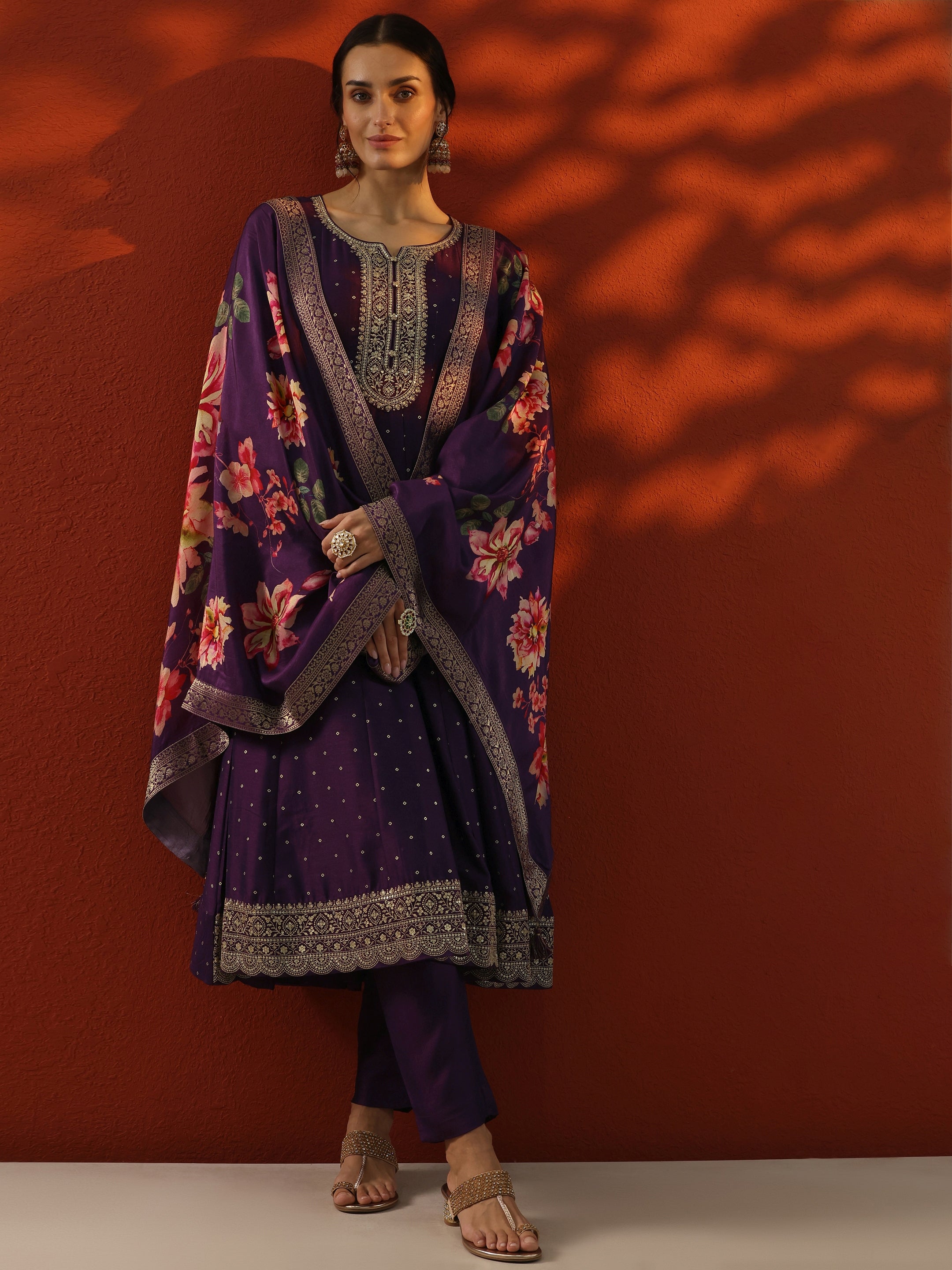 Purple Embroidered Silk Blend Straight Suit With Dupatta main image 1