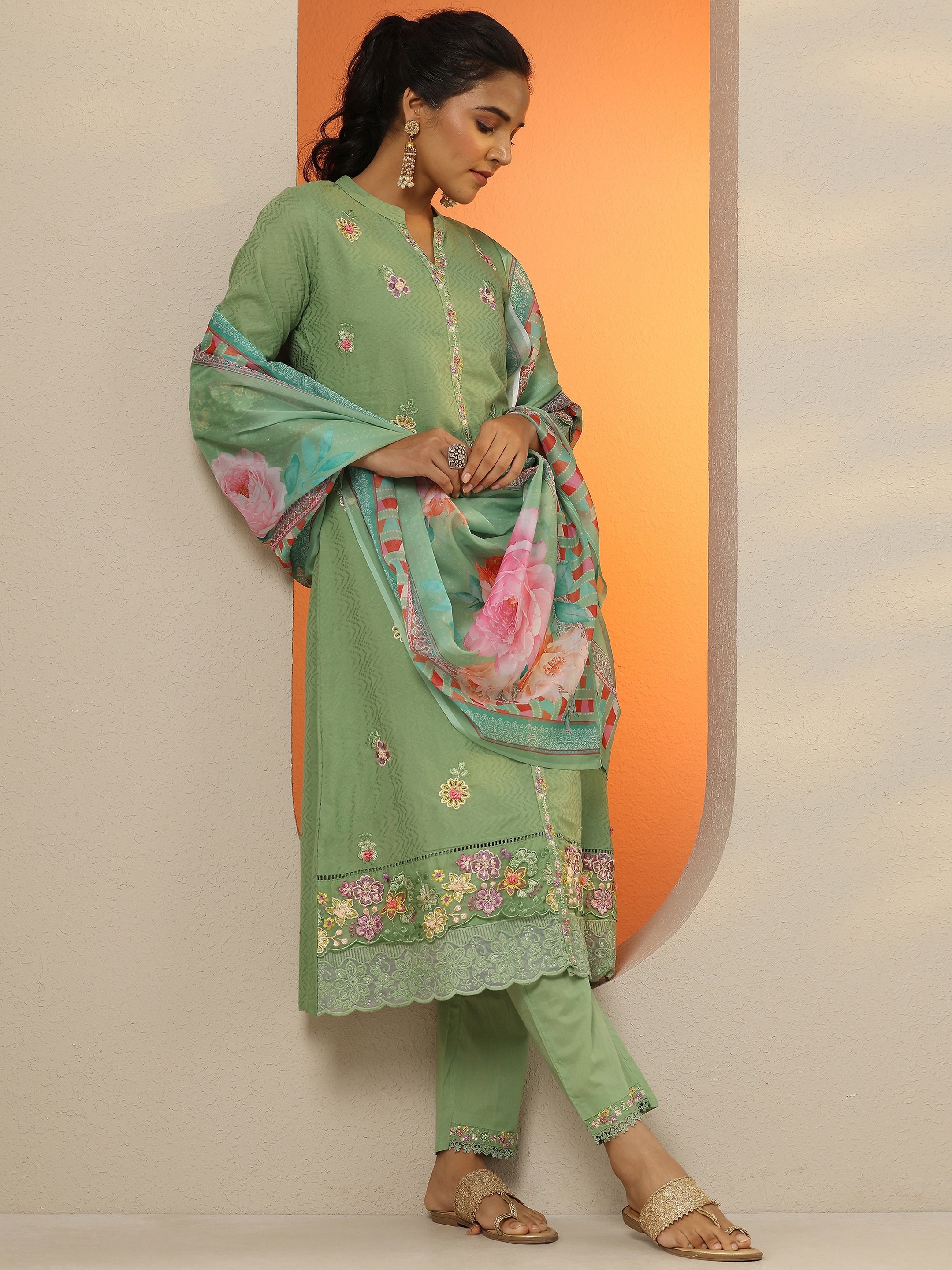 Orange Printed Cotton Blend Straight Suit Set With Dupatta
