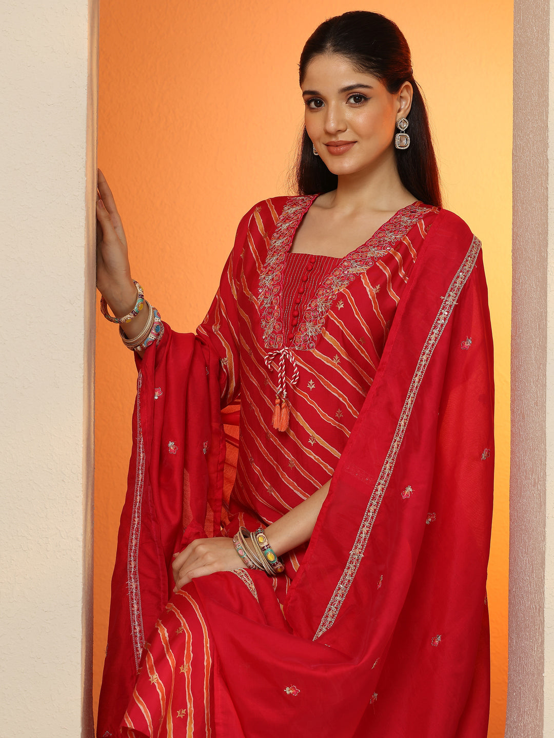 Red Printed Silk blend Straight Suit Set With Dupatta