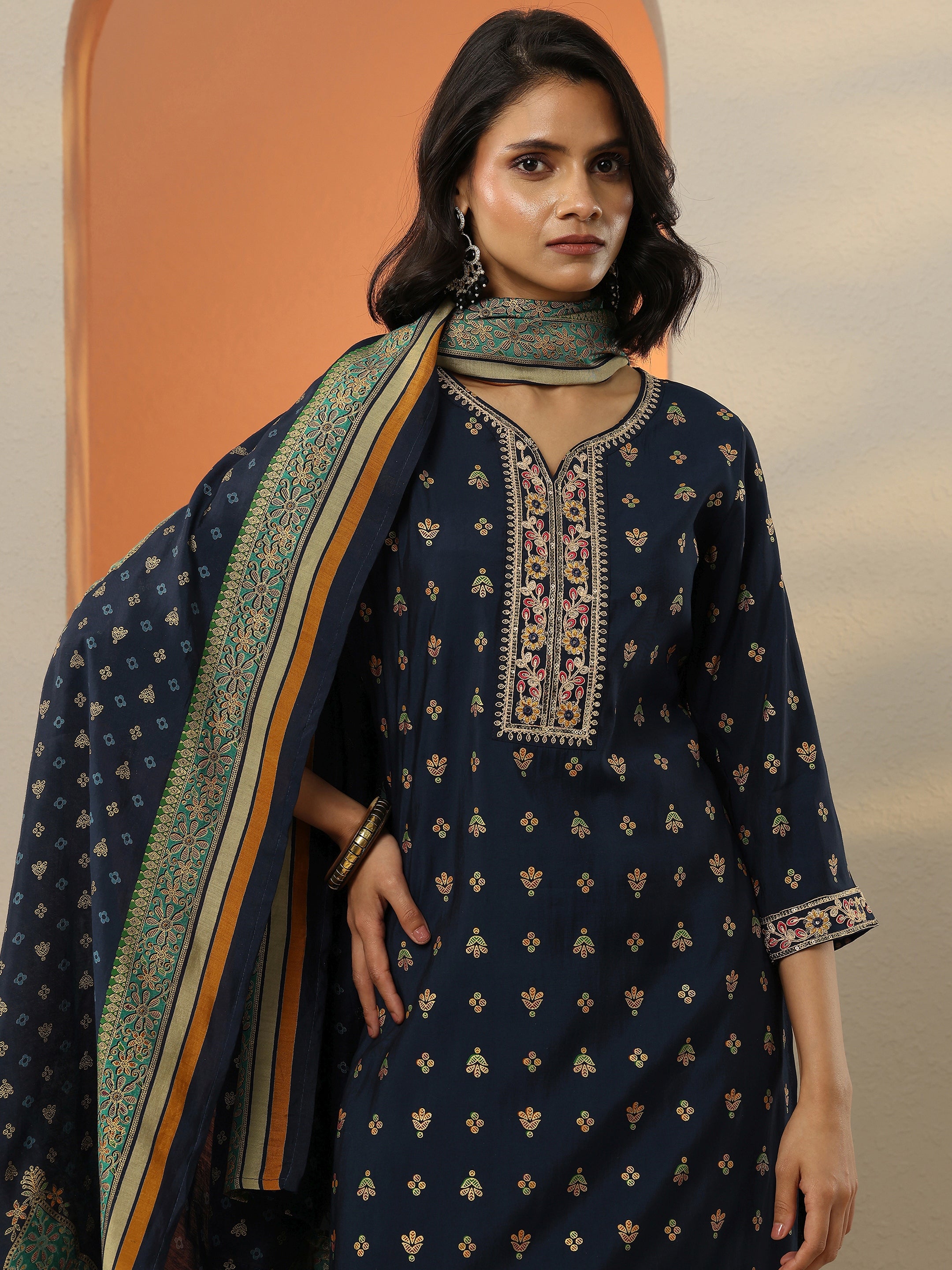 Multi Embellished Silk Blend Straight Suit Set With Dupatta