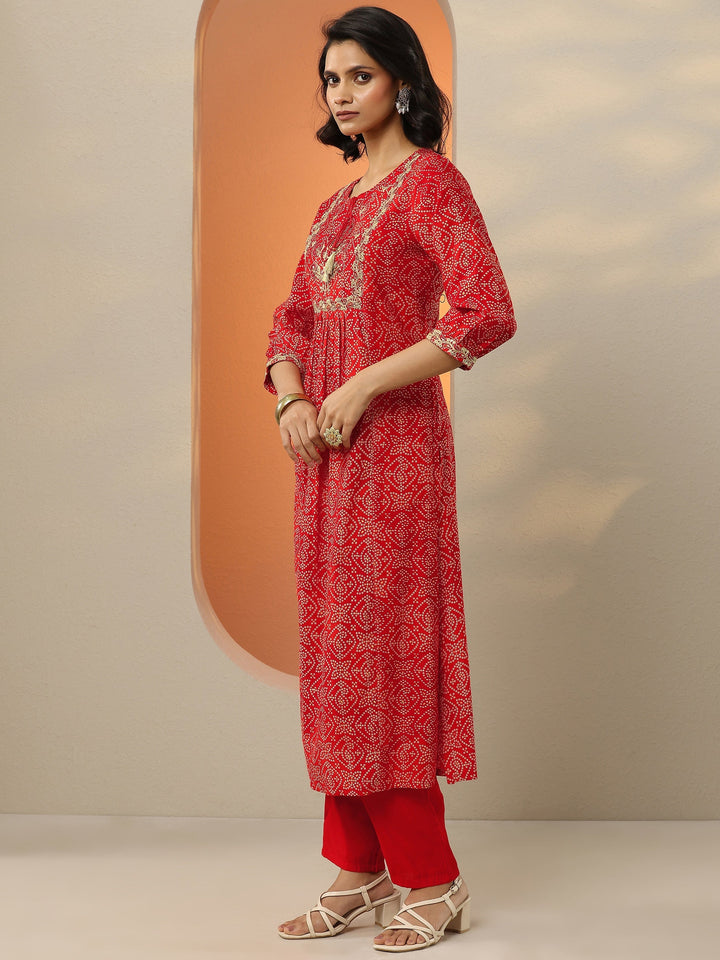 Red Printed Silk Blend  A-Line Suit Set With Dupatta