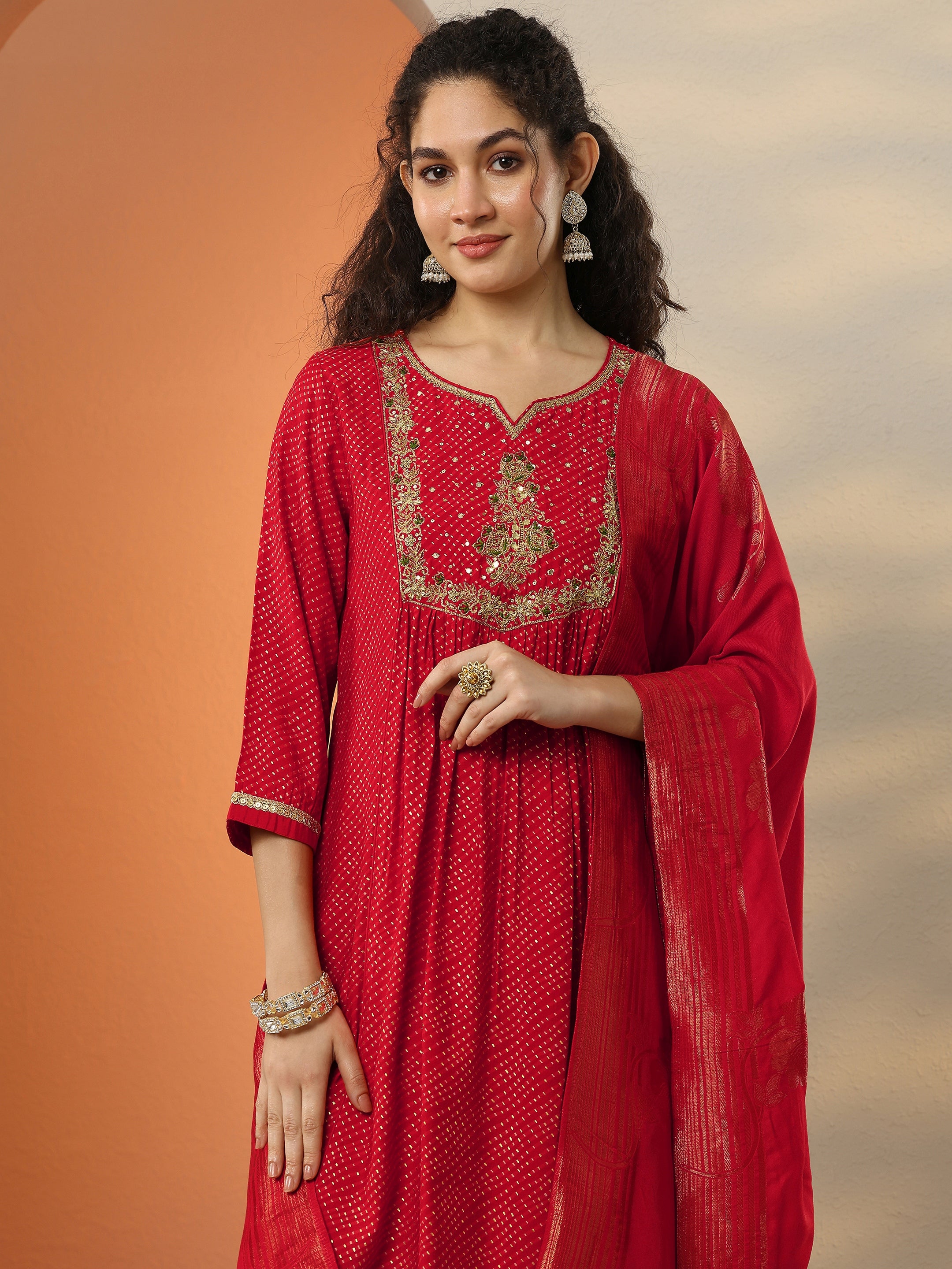 Rust Embroidered Silk Blend A-Line Suit Set With Dupatta