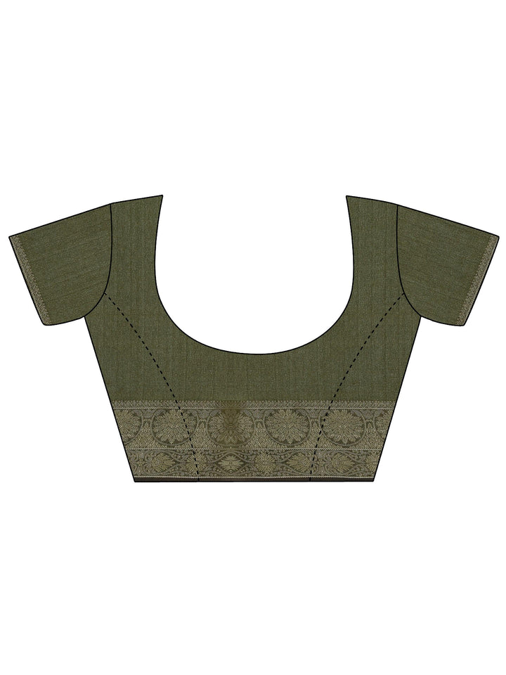 Olive Printed Silk Blend Saree With Unstitched Blouse Piece