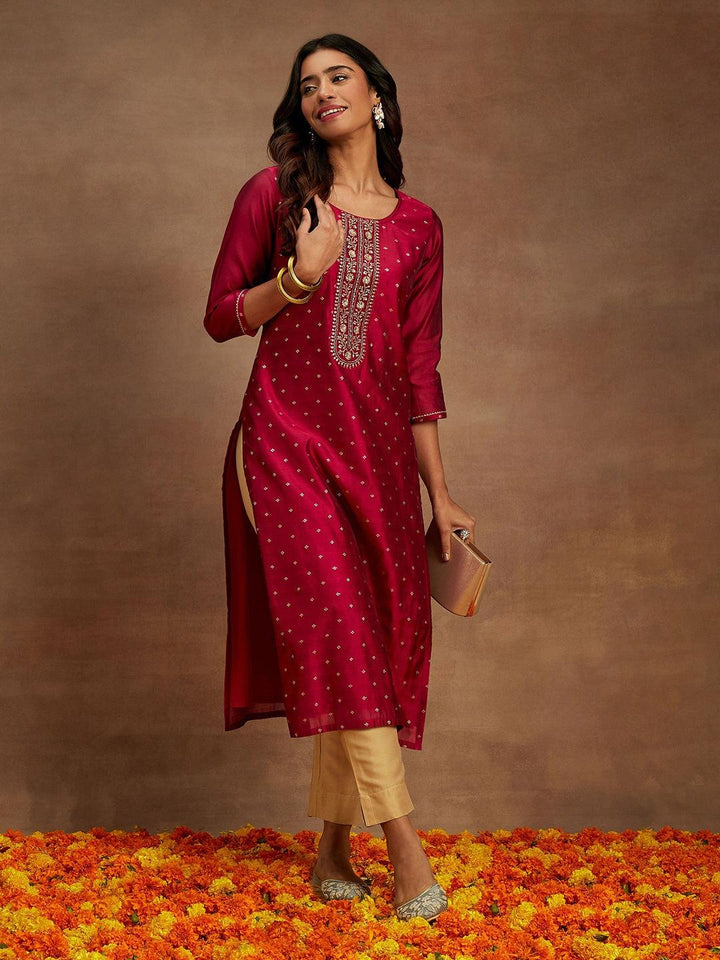 Fuchsia Woven Design Chanderi Silk Straight Kurta