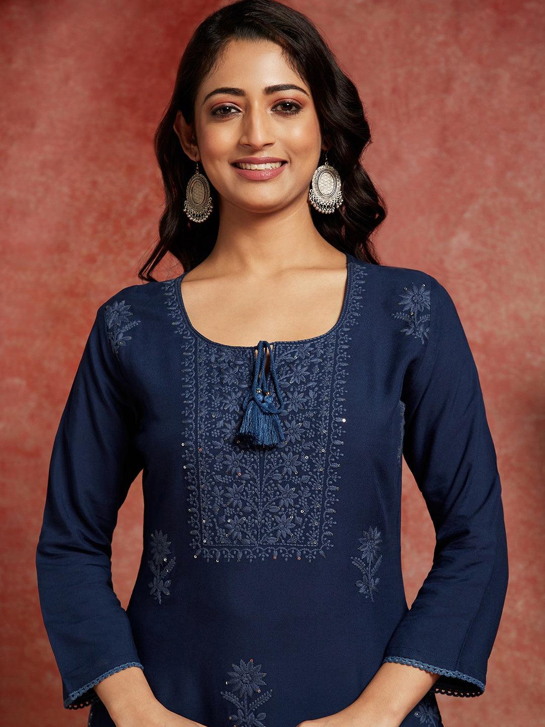 Teal Embroidered Rayon Straight Kurta - ShopLibas