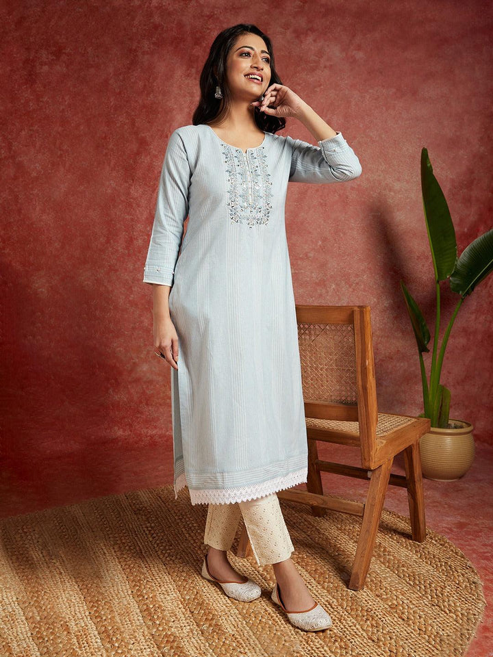 Powder Blue Yoke Design Cotton Straight Kurta