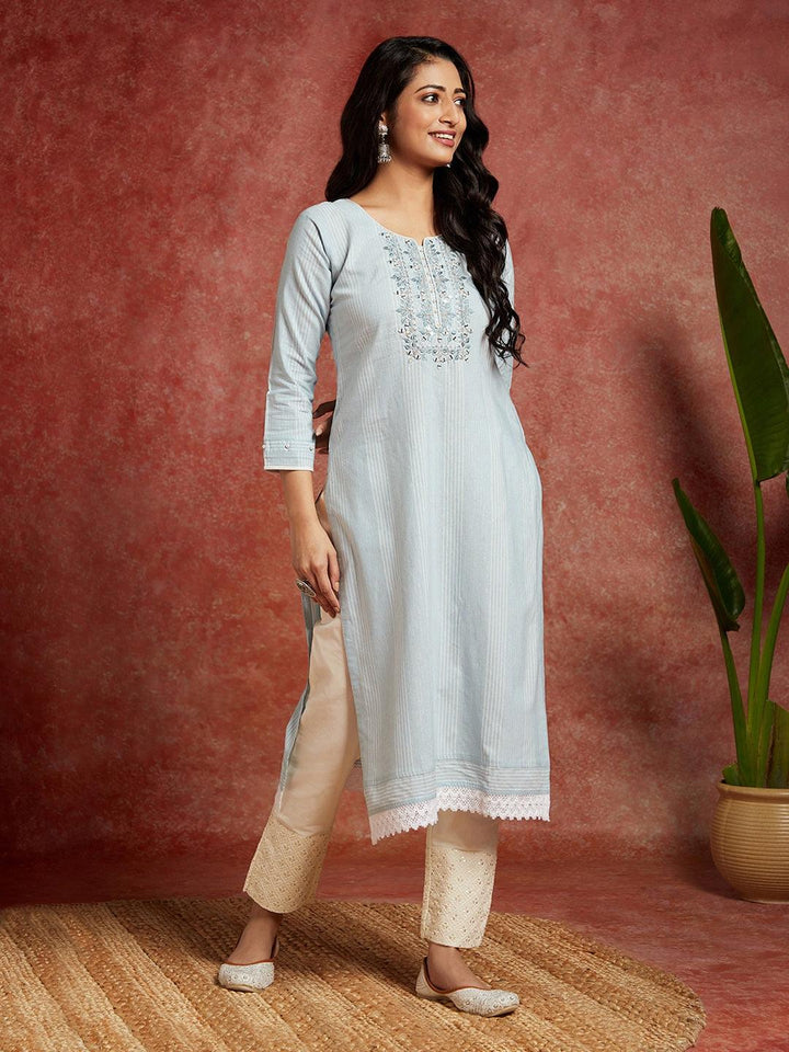 Powder Blue Yoke Design Cotton Straight Kurta