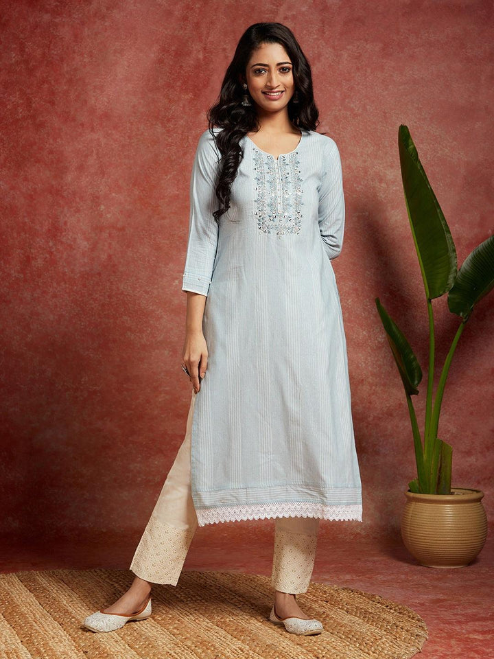 Powder Blue Yoke Design Cotton Straight Kurta