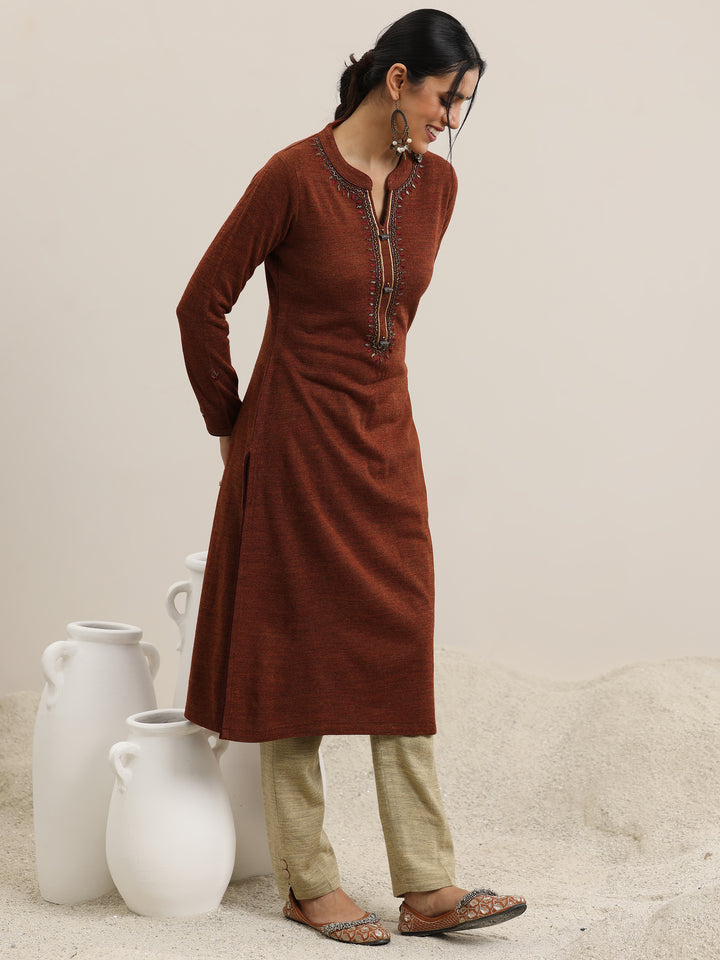 Rust Yoke Design Wool Straight Kurta