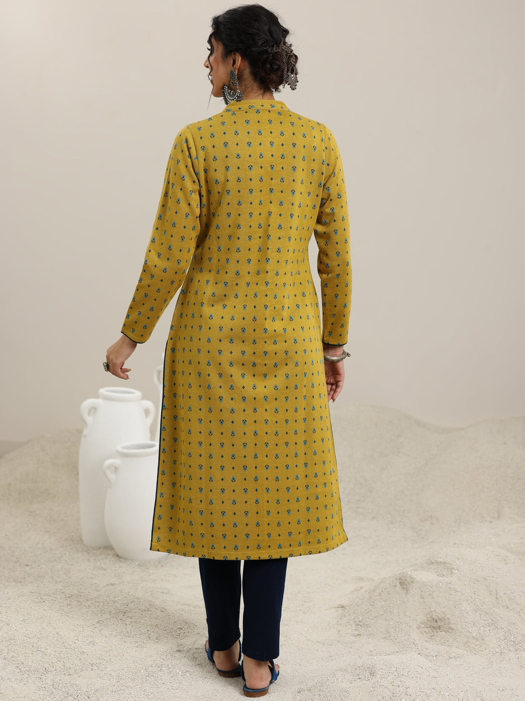 Mustard Woven Design Wool Straight Kurta