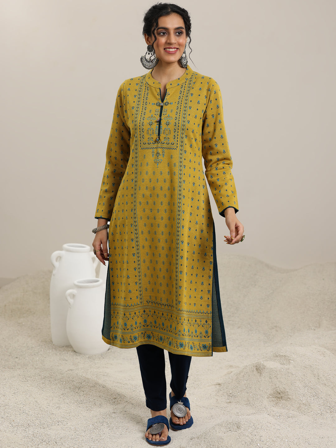 Mustard Woven Design Wool Straight Kurta