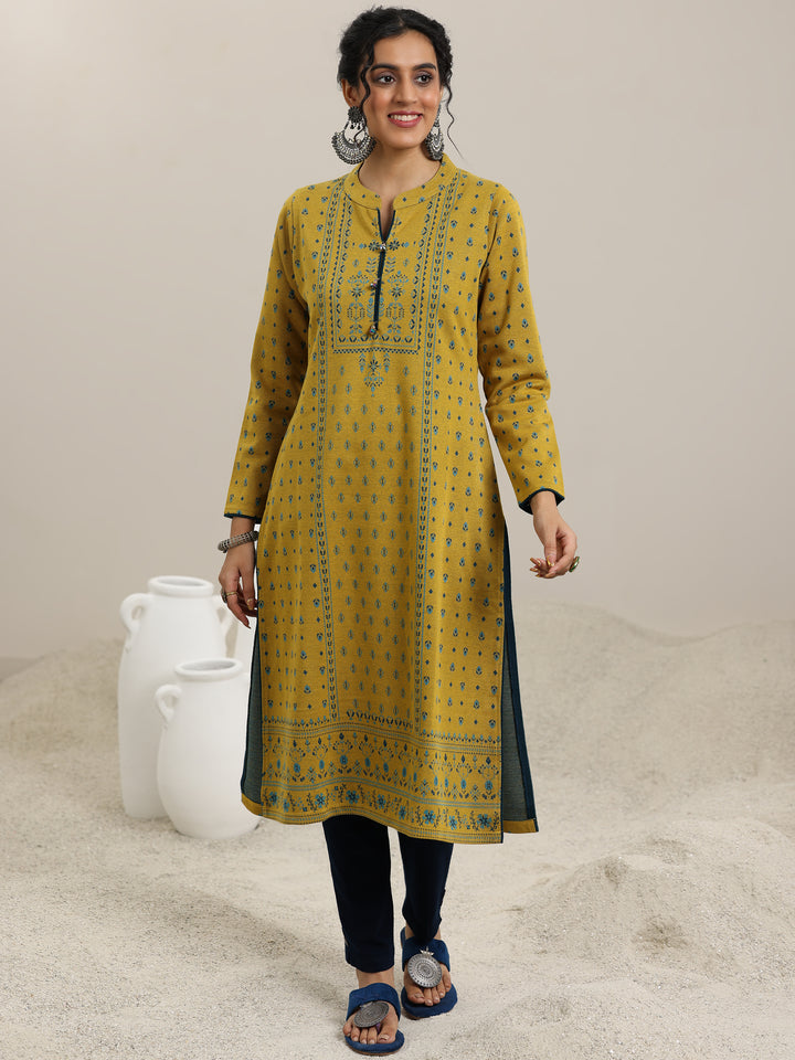 Mustard Woven Design Wool Straight Kurta
