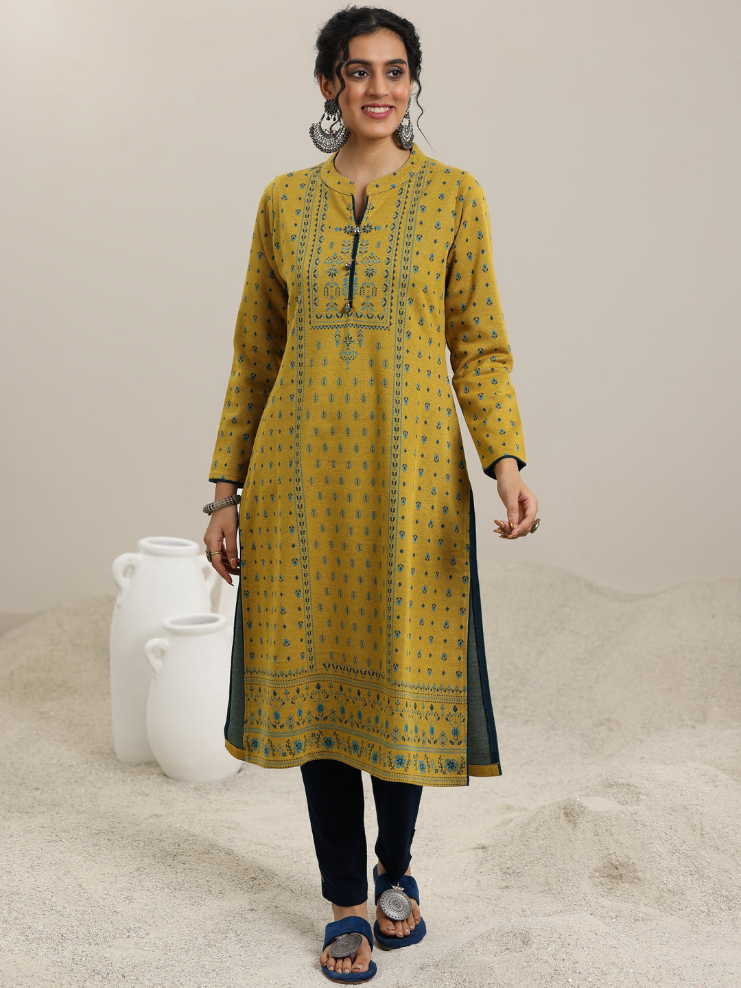 Mustard Woven Design Wool Straight Kurta