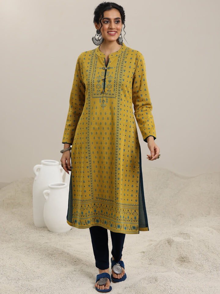 Mustard Woven Design Wool Straight Kurta