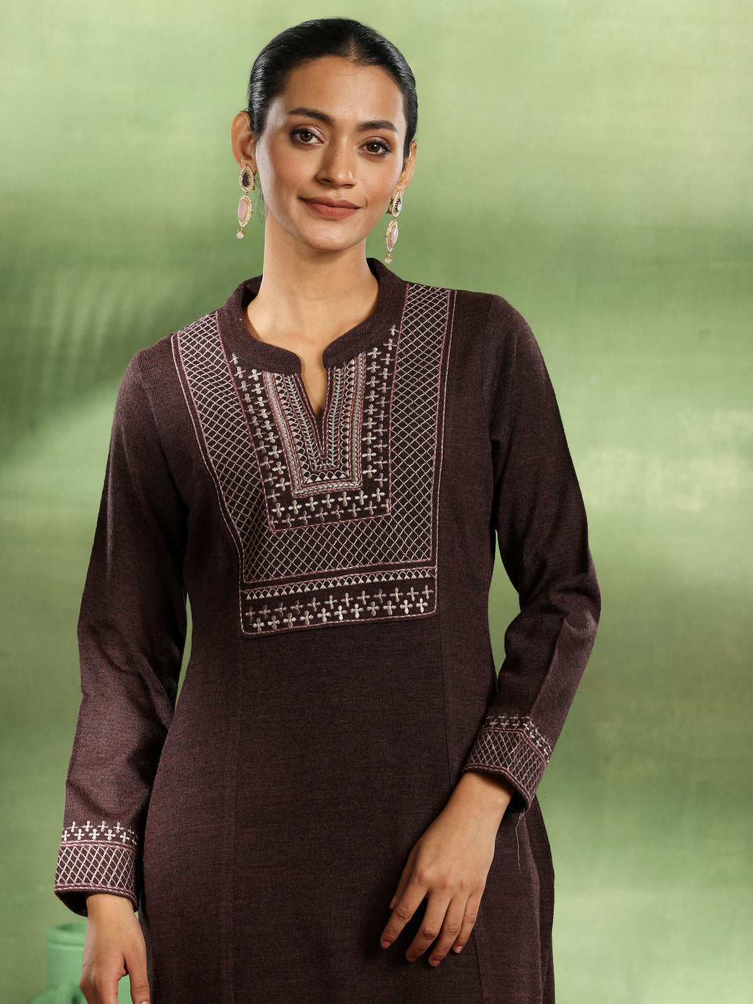 Brown Yoke Design Wool Straight Kurta