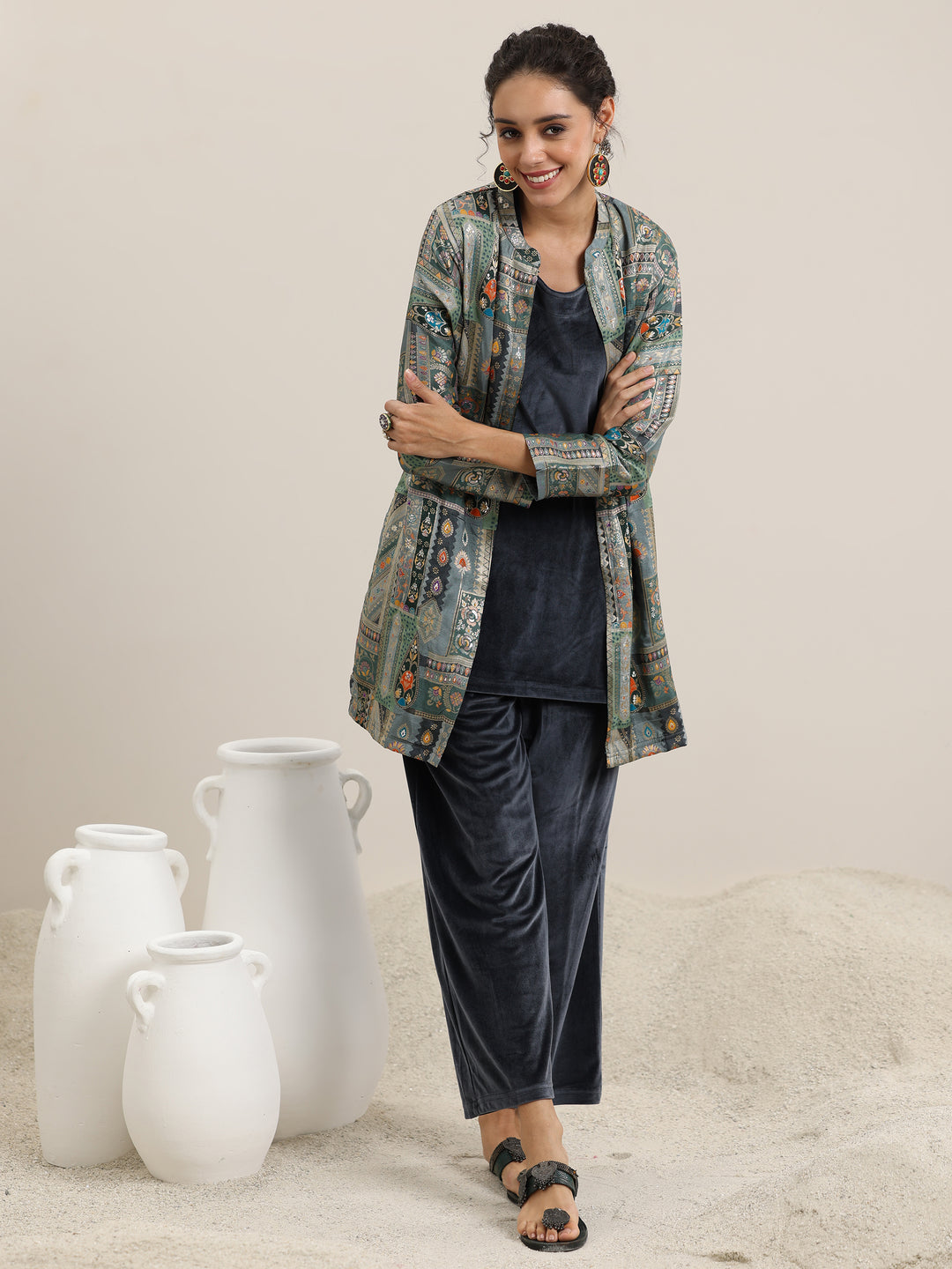 Grey Solid Velvet 3 Piece Co-Ords