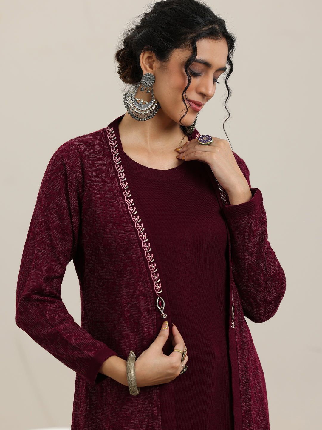 Maroon Solid Wool Straight Kurta