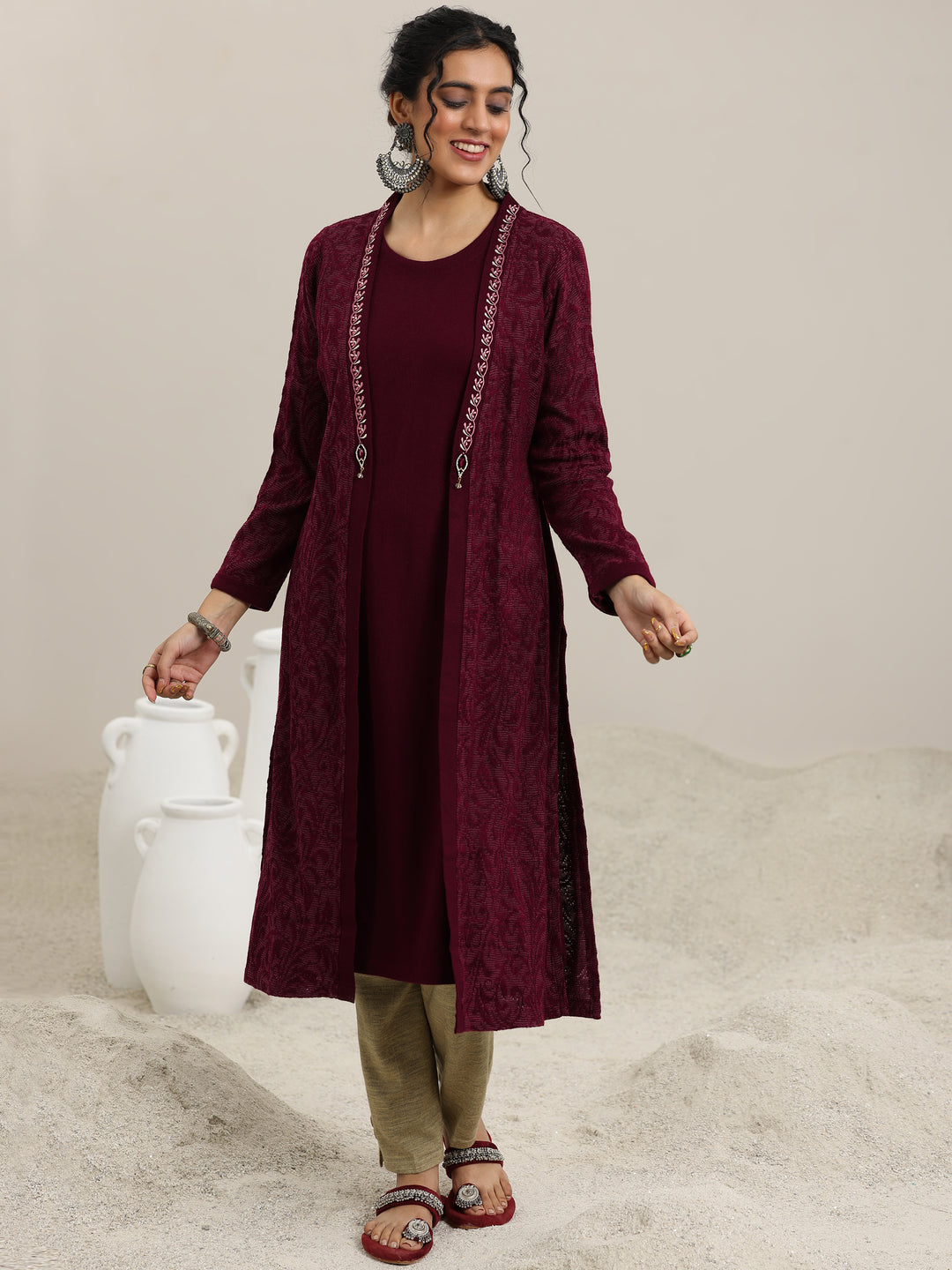 Maroon Solid Wool Straight Kurta