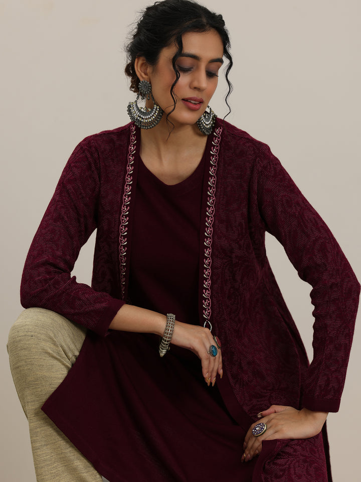 Maroon Solid Wool Straight Kurta