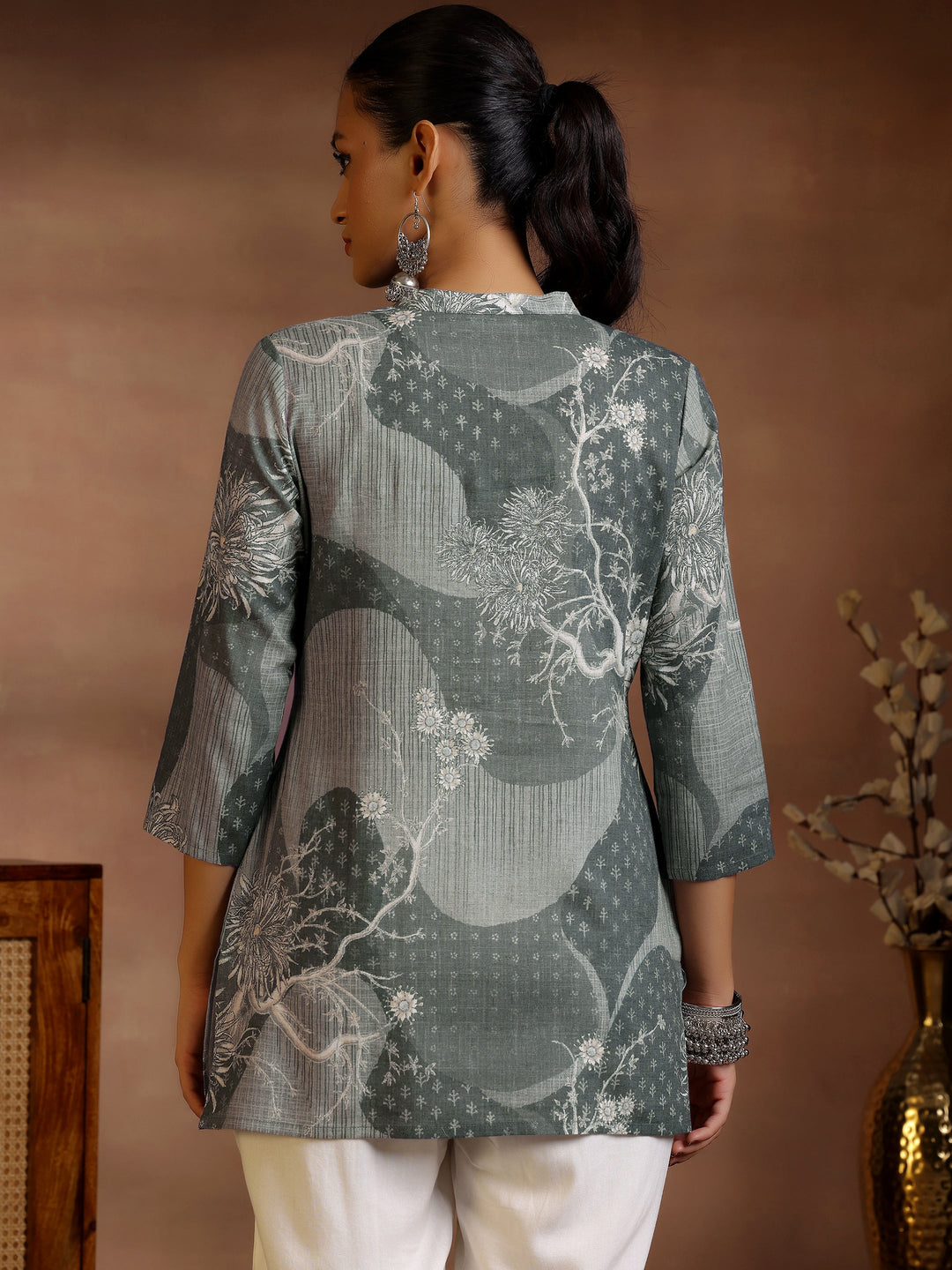 Grey Printed Cotton Blend Straight Kurtis