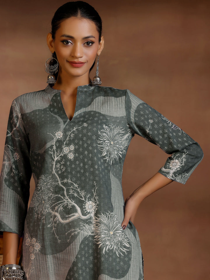 Grey Printed Cotton Blend Straight Kurtis